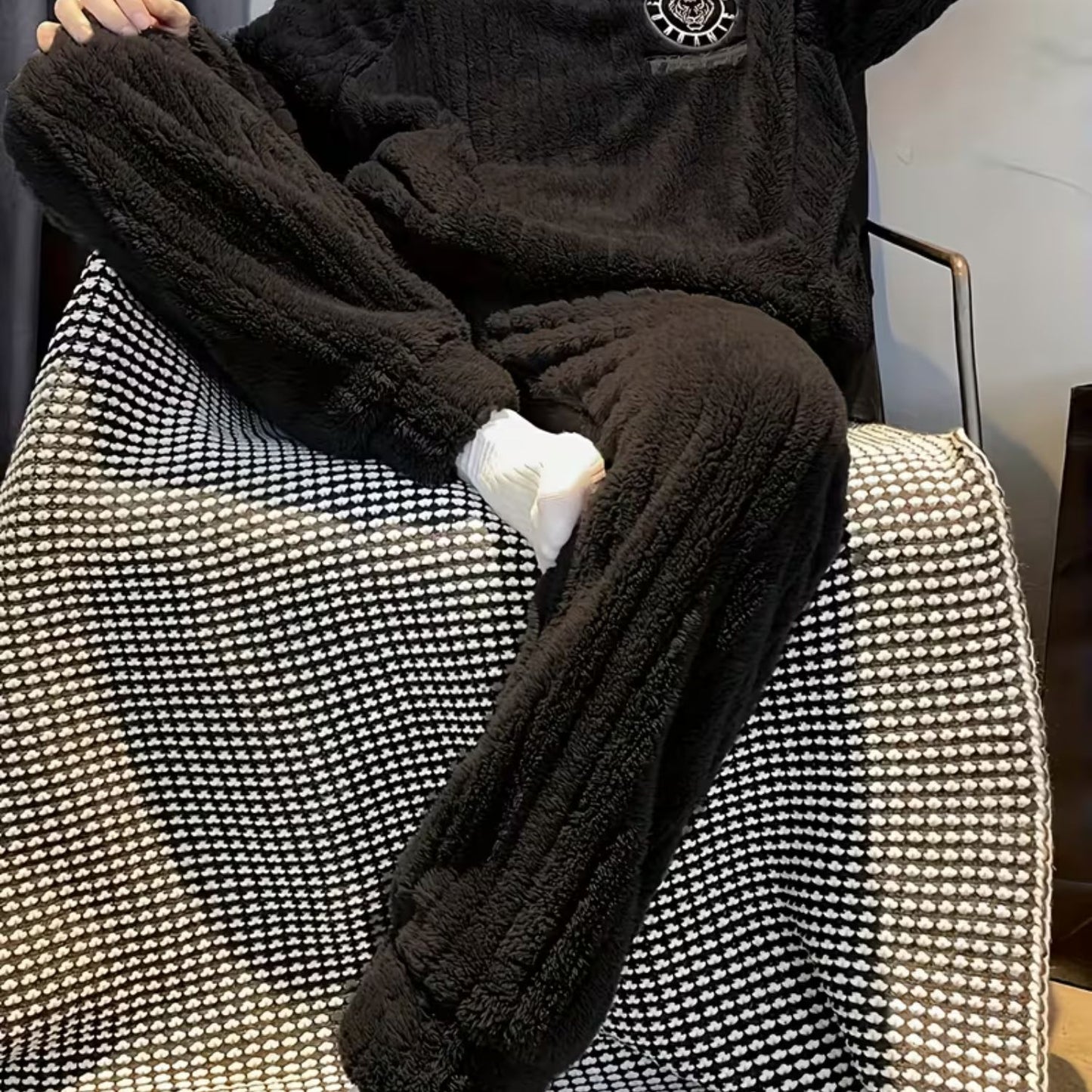 Fluffy Striped Crew Neck Pajama Set | Revangiol