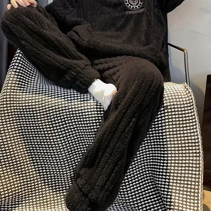 Fluffy Striped Crew Neck Pajama Set | Revangiol